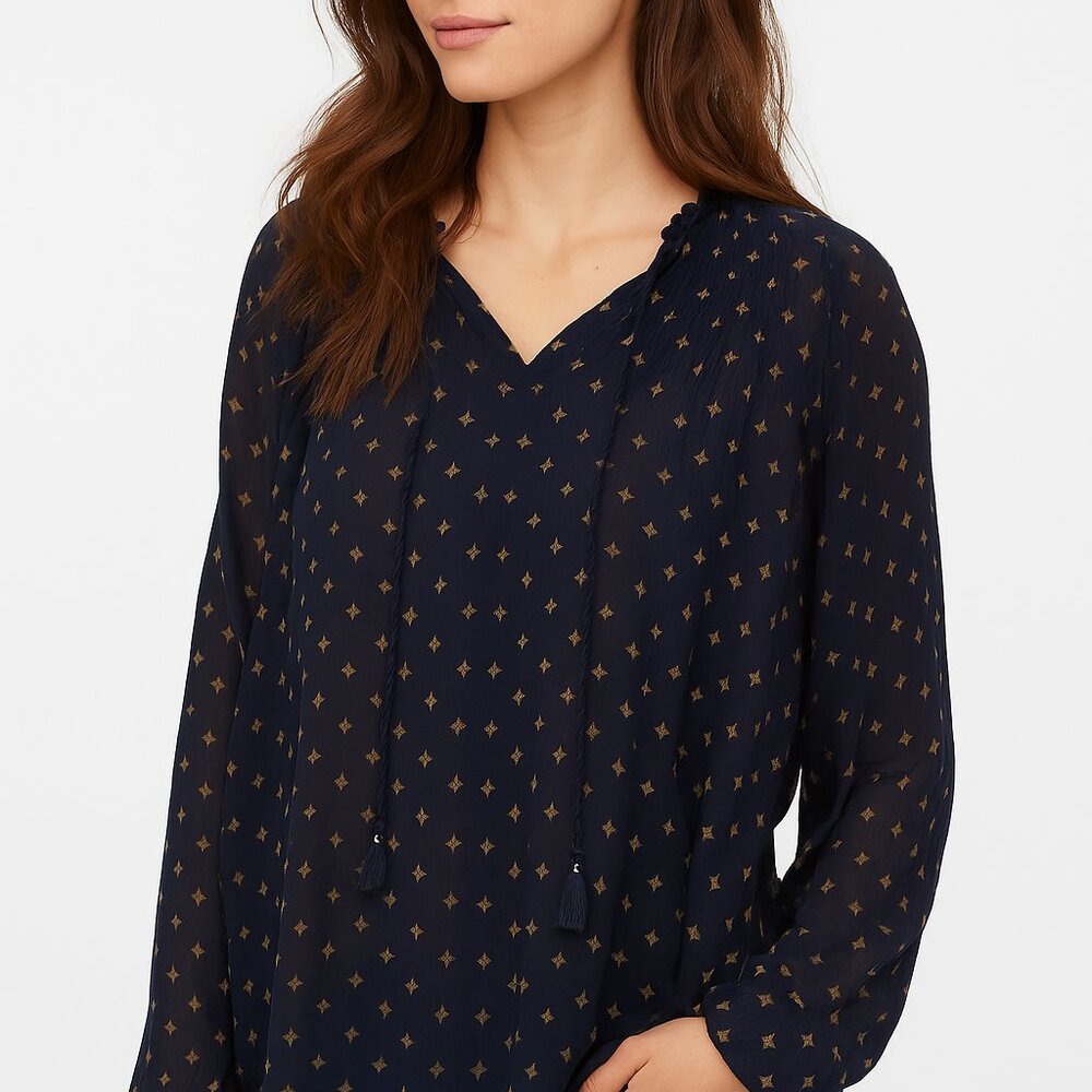 Lucky Brand Blue & Gold Star Long Sleeve Chiffon Peasant Babydoll Top 2X